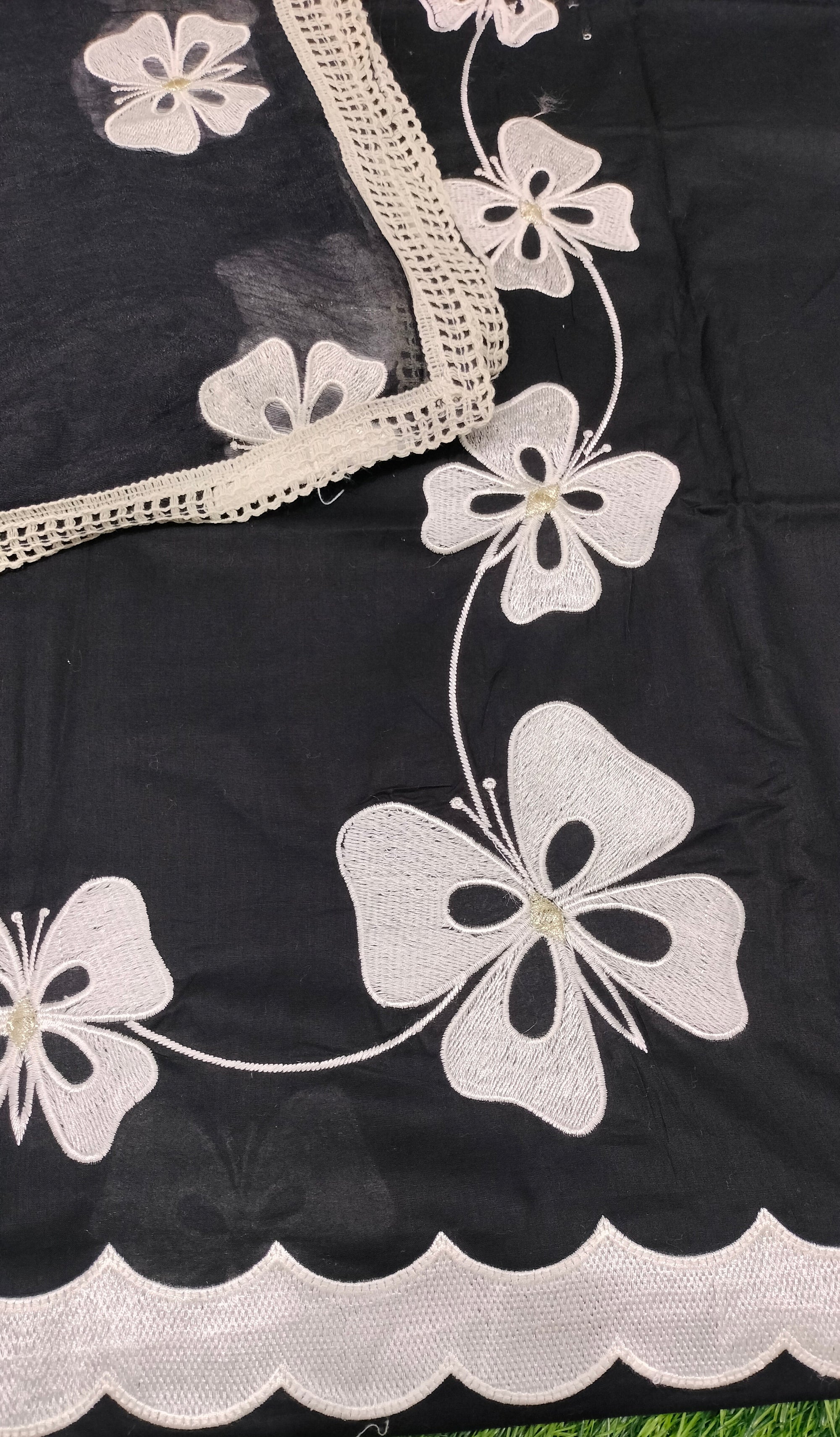Unstitched Cotton Hand print Premium Suit in White colour prints