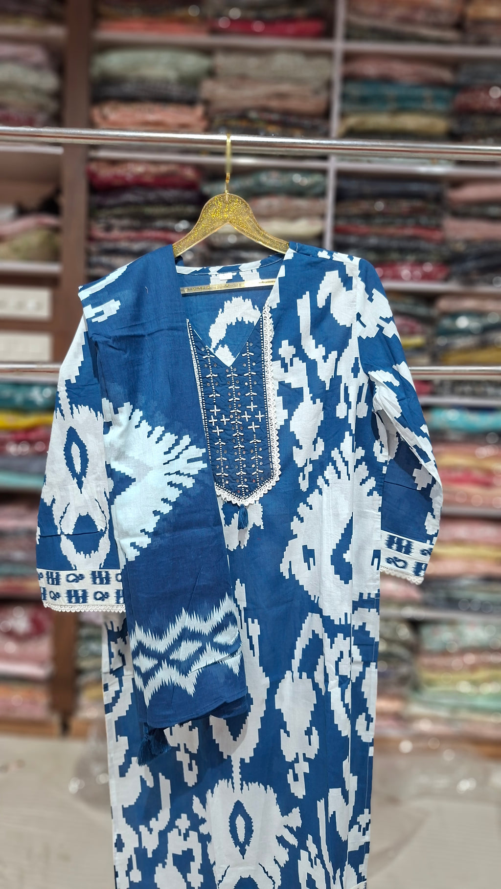 Premium Quality Ready made cotton Blend suit in Blue and white colour