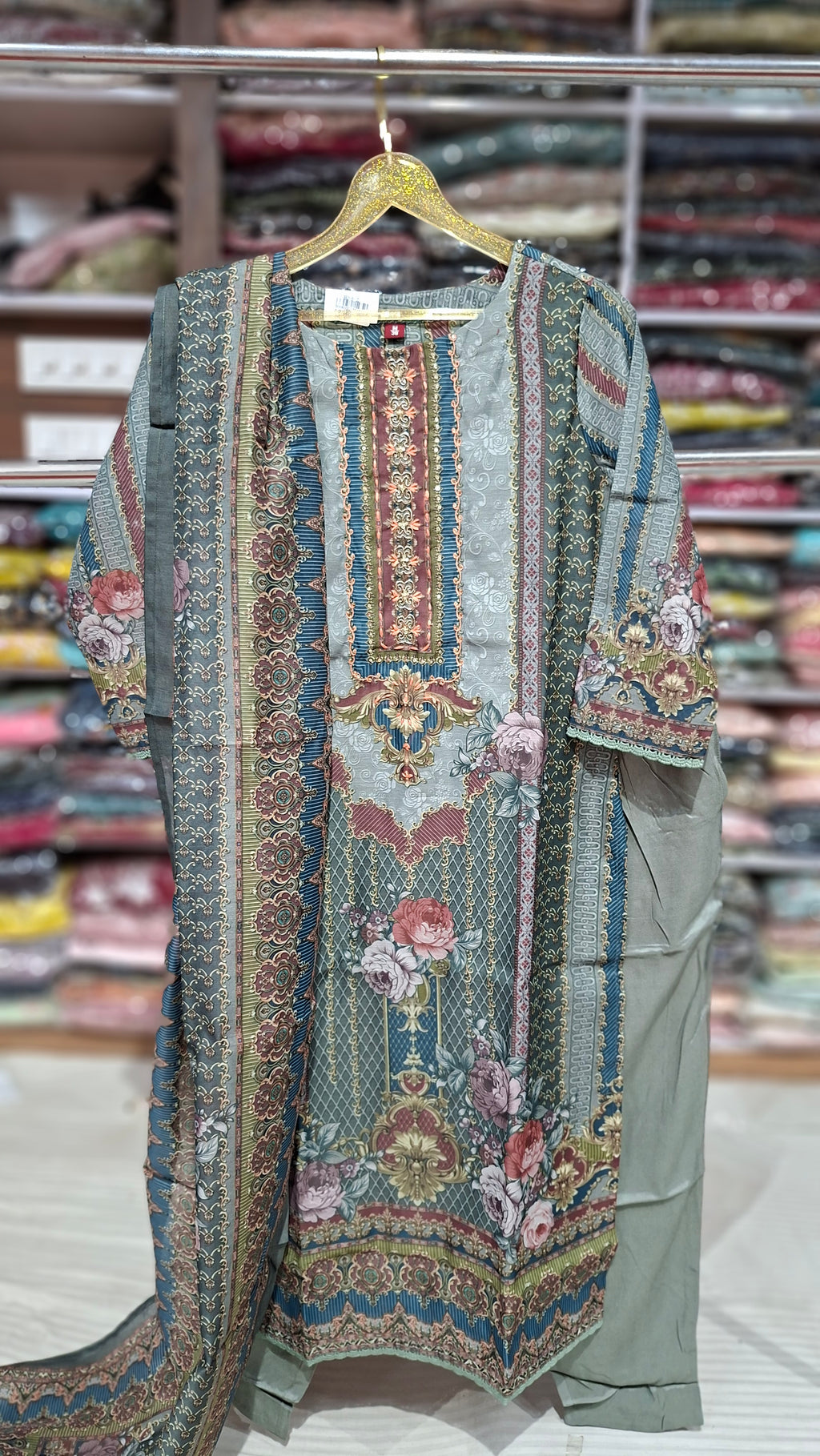 Premium Quality Ready made cotton Blend suit in light green with orange work